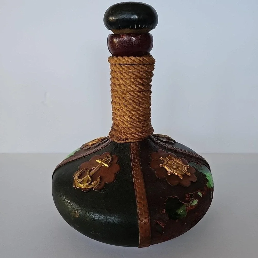 Vintage Italian Leather Wrapped Glass Decanter Nautical Anchor Ship‎ Wheel Decor